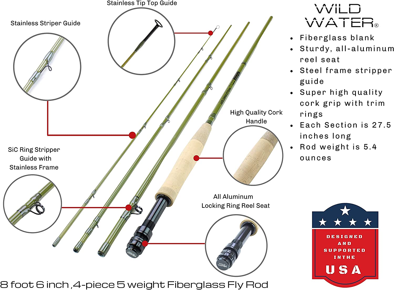 Wild Water Fly Fishing Combo with Fiberglass Rod 8 ft 6 in, 4-Piece, 5 wt-Goodwynn&#39;sGoodwynn&#39;s