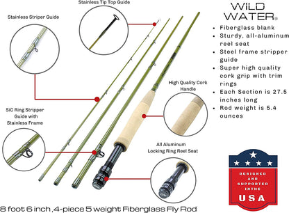 Wild Water Fly Fishing Combo with Fiberglass Rod 8 ft 6 in, 4-Piece, 5 wt