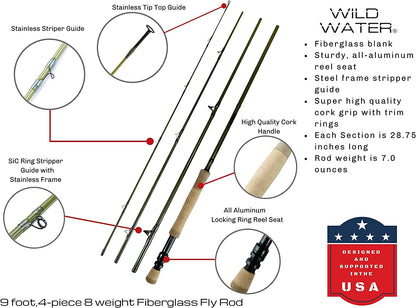 Wild Water Fly Fishing Kit with Fiberglass Rod 9 ft, 4-Piece, 8 wt Rod