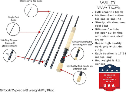 Wild Water Deluxe Saltwater Fly Fishing Kit, 9 ft 8 wt 7 Piece Rod