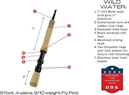 Wild Water Fly Fishing Kit, 9' 9/10 Weight Rod and CNC Reel Package