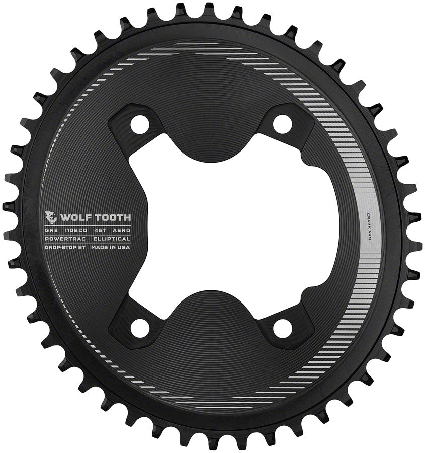 Wolf Tooth Elliptical Aero 110 Asymmetric BCD Chainring - 46t 110 Asymmetric BCD 4-Bolt Drop-Stop ST For Shimano GRX 800 Series BLK