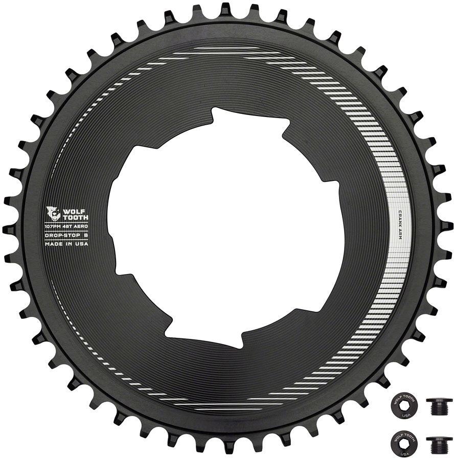 Wolf Tooth Aero 107 BCD Chainring - 48t Optimized SRAM Eagle Flaptop Chains Drop-Stop B BLK