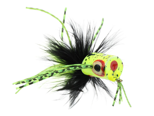 Wild Water Fly Fishing Green and Yellow Spider Legs Flat Face Mini Panfish Popper, Size 6, Qty. 4-Goodwynn's