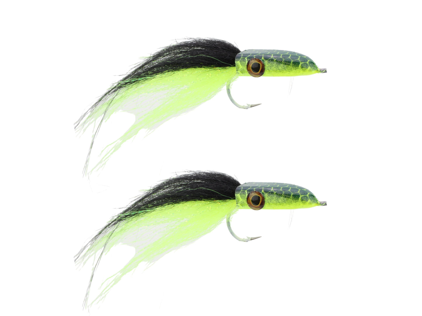 Wild Water Fly Fishing Black and Chartreuse Snake Head Popper, Size 2/0, Qty. 2