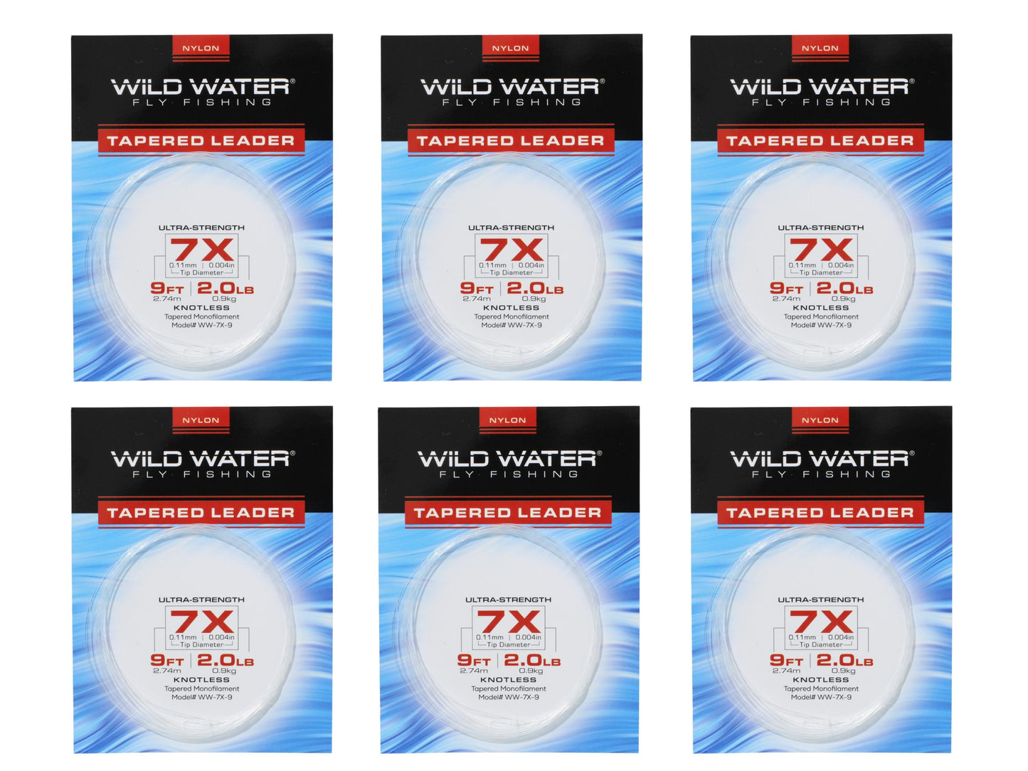 Wild Water Fly Fishing 9' Tapered Monofilament Leader 7X, 6 Pack