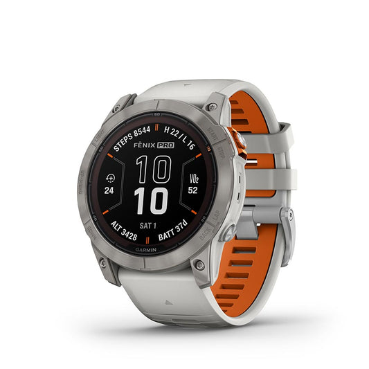 Garmin fenix 7X Pro Sapphire Solar Watch Watch Color: Titanium Wristband: Fog Grey/ Ember Orange - Silicone-Goodwynn's