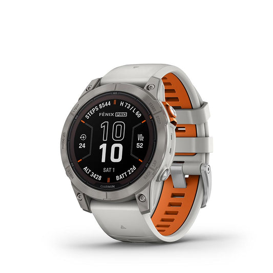 Garmin fenix 7 Pro Sapphire Solar Watch Watch Color: Titanium Wristband: Fog Grey/ Ember Orange - Silicone-Goodwynn's