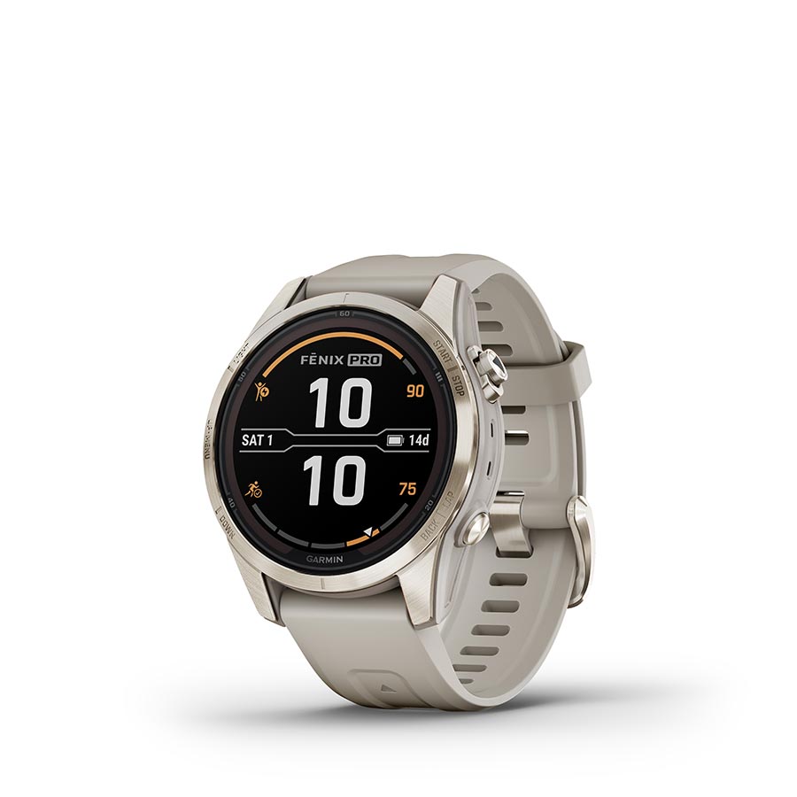 Garmin fenix 7S Pro Sapphire Solar Watch Watch Color: Soft Gold Wristband: Light Sand - Silicone-Goodwynn&#39;sGoodwynn&#39;s