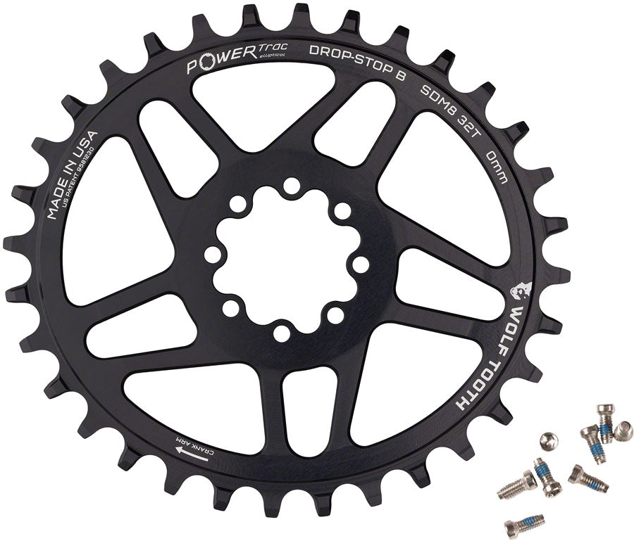 Wolf Tooth Elliptical Direct Mount Chainring - 32t SRAM Direct Mount Drop-Stop B For SRAM 8-Bolt Cranksets 0mm Offset BLK