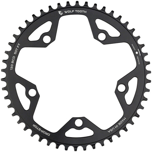 Wolf Tooth 130 BCD Road Cyclocross Chainring - 52t 130 BCD 5-Bolt Drop-Stop 10/11/12-Speed Eagle Flattop Compatible BLK-Goodwynn's