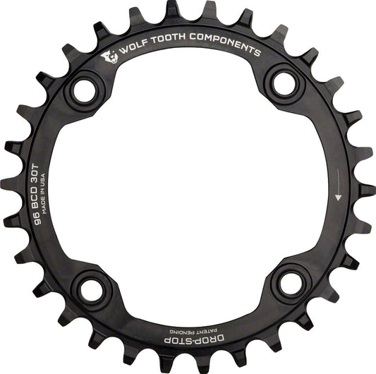 Wolf Tooth 96 Symmetrical BCD Chainring - 30t 96 BCD 4-Bolt Drop-Stop For Shimano Cranks BLK-Goodwynn's