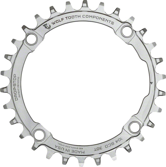 Wolf Tooth 104 BCD Chainring - 30t 104 BCD 4-Bolt Drop-Stop Stainless Steel Silver-Goodwynn's