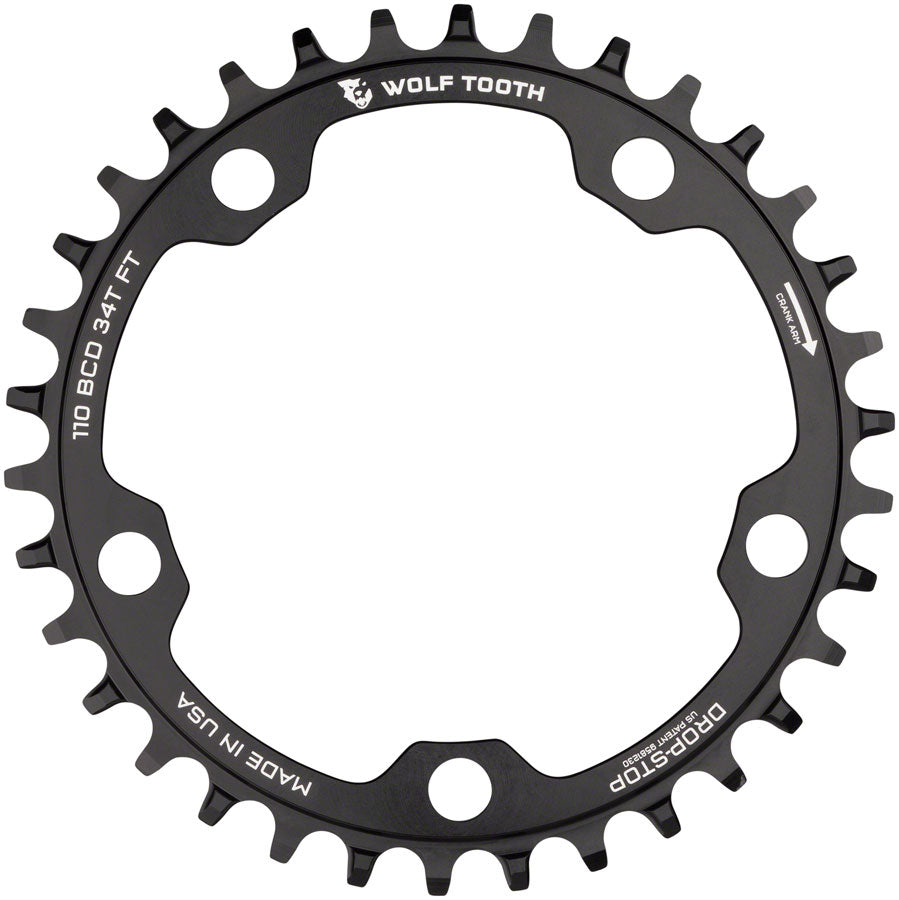 Wolf Tooth 110 BCD Cyclocross Road Chainring - 34t 110 BCD 5-Bolt Drop-Stop 10/11/12-Speed Eagle Flattop Compatible BLK-Goodwynn&#39;sGoodwynn&#39;s