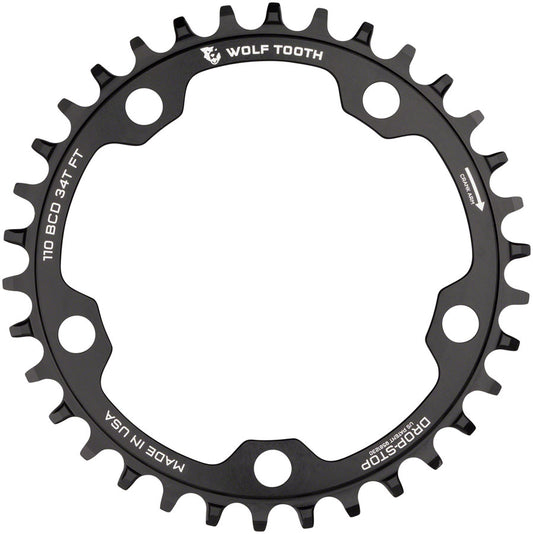 Wolf Tooth 110 BCD Cyclocross Road Chainring - 34t 110 BCD 5-Bolt Drop-Stop 10/11/12-Speed Eagle Flattop Compatible BLK-Goodwynn's