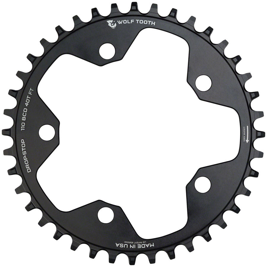 Wolf Tooth 110 BCD Cyclocross Road Chainring - 40t 110 BCD 5-Bolt Drop-Stop 10/11/12-Speed Eagle Flattop Compatible BLK-Goodwynn&#39;sGoodwynn&#39;s