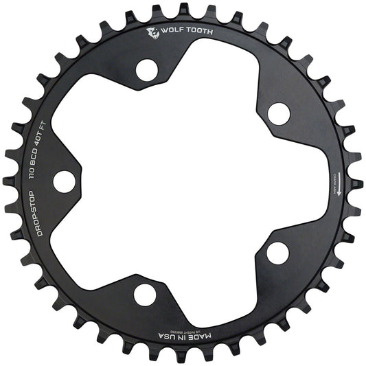 Wolf Tooth 110 BCD Cyclocross Road Chainring - 40t 110 BCD 5-Bolt Drop-Stop 10/11/12-Speed Eagle Flattop Compatible BLK-Goodwynn's