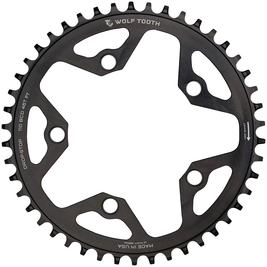 Wolf Tooth 110 BCD Cyclocross Road Chainring - 46t 110 BCD 5-Bolt Drop-Stop 10/11/12-Speed Eagle Flattop Compatible BLK