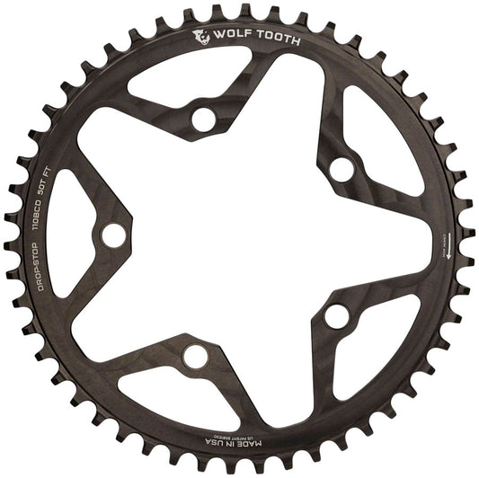 Wolf Tooth 110 BCD Cyclocross Road Chainring - 50t 110 BCD 5-Bolt Drop-Stop 10/11/12-Speed Eagle Flattop Compatible BLK-Goodwynn's