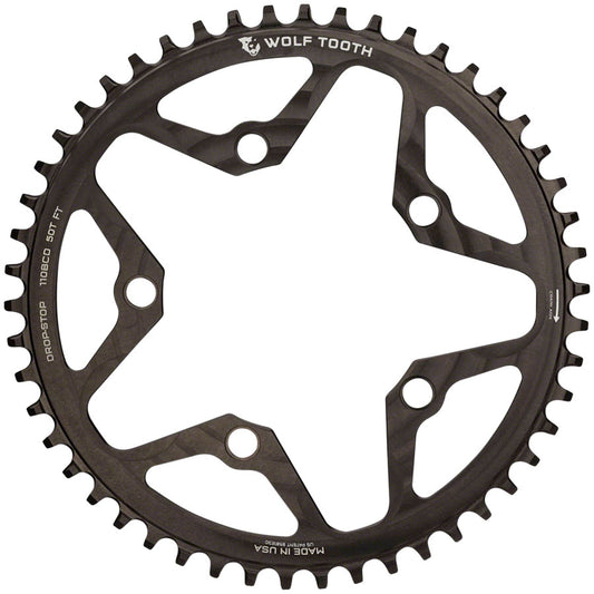 Wolf Tooth 110 BCD Cyclocross Road Chainring - 52t 110 BCD 5-Bolt Drop-Stop 10/11/12-Speed Eagle Flattop Compatible BLK-Goodwynn's