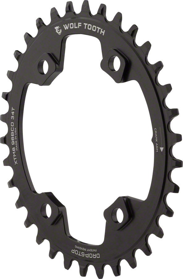 Wolf Tooth Elliptical 96 BCD Chainring - 34t 96 Asymmetric BCD 4-Bolt Drop-Stop For Shimano XT M8000 SLX M7000 Cranks BLK