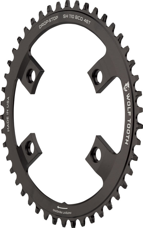 Wolf Tooth Shimano 110 Asymmetric BCD Chainring - 46t 110 Asymmetric BCD 4-Bolt Drop-Stop For Shimano Cranks BLK