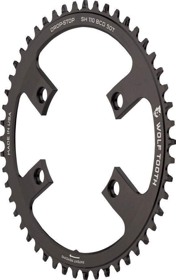 Wolf Tooth Shimano 110 Asymmetric BCD Chainring - 50t 110 Asymmetric BCD 4-Bolt Drop-Stop For Shimano Cranks BLK