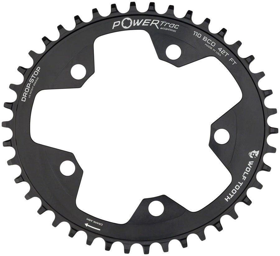 Wolf Tooth Elliptical 110 BCD Chainring - 40t 110 BCD 5-Bolt Drop-Stop 10/11/12-Speed Eagle Flattop Compatible BLK