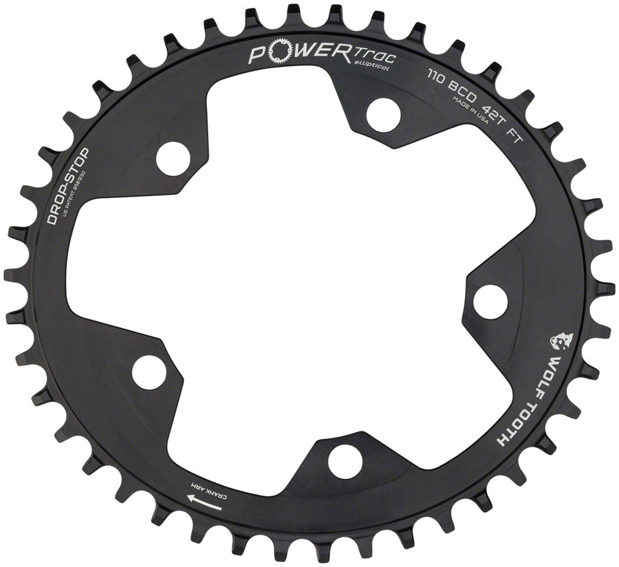 Wolf Tooth Elliptical 110 BCD Chainring - 42t 110 BCD 5-Bolt Drop-Stop 10/11/12-Speed Eagle Flattop Compatible BLK