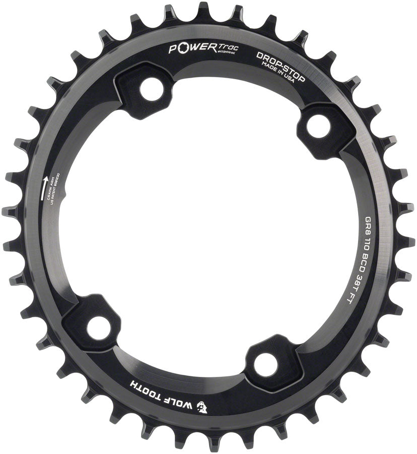 Wolf Tooth Elliptical Shimano 110 Asymmetric BCD Chainring - 38t 110 Asymmetric BCD 4-Bolt Drop-Stop For Shimano GRX Cranks BLK