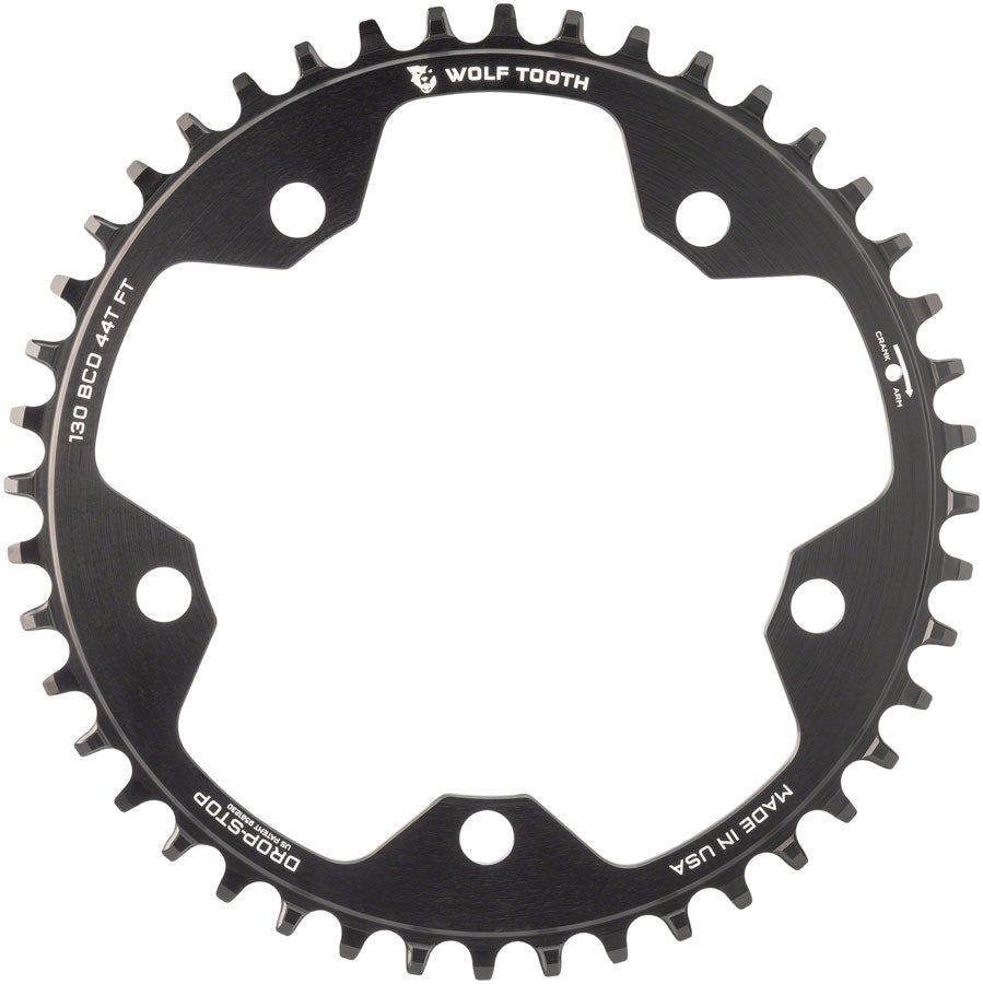 Wolf Tooth 130 BCD Road Cyclocross Chainring - 44t 130 BCD 5-Bolt Drop-Stop 10/11/12-Speed Eagle Flattop Compatible BLK