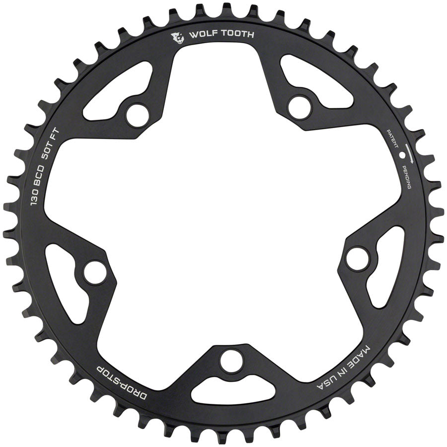 Wolf Tooth 130 BCD Road Cyclocross Chainring - 50t 130 BCD 5-Bolt Drop-Stop 10/11/12-Speed Eagle Flattop Compatible BLK