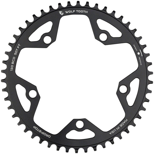 Wolf Tooth 130 BCD Road Cyclocross Chainring - 50t 130 BCD 5-Bolt Drop-Stop 10/11/12-Speed Eagle Flattop Compatible BLK-Goodwynn's