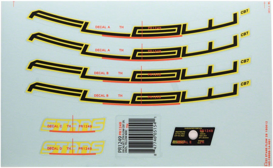 Stans No Tubes Flow CB7 Rim Decal - 29" Yellow Set