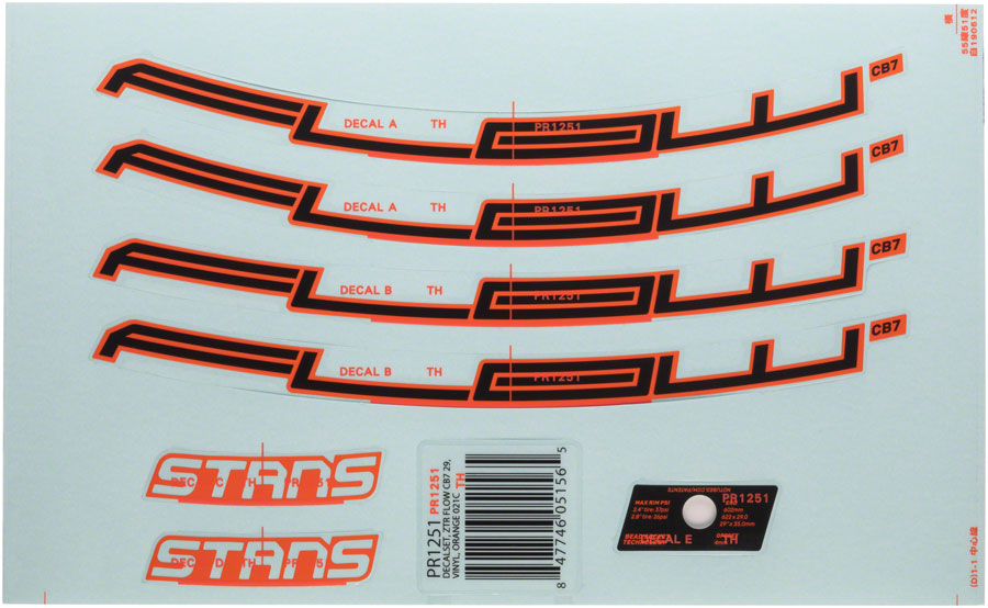 Stans No Tubes Flow CB7 Rim Decal - 27.5" Orange Set